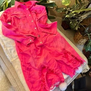 Pink Fashionnova distressed long sleeve jean jumpsuit